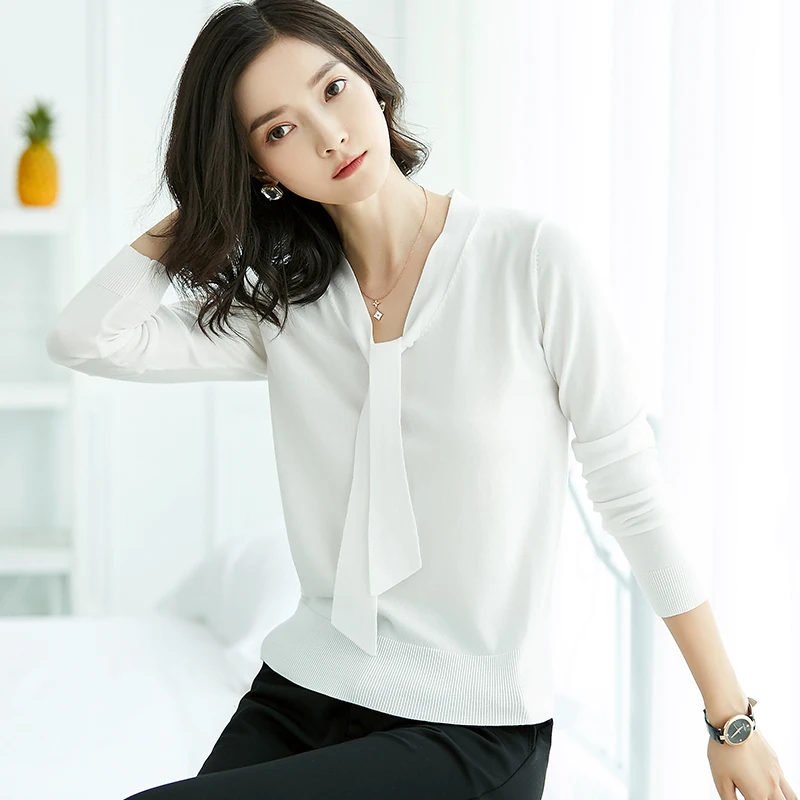 womens top Cotton kintting long sleeve V-neck sweater cashmere blended all match tee white black n t shirt women bts | Женская одежда