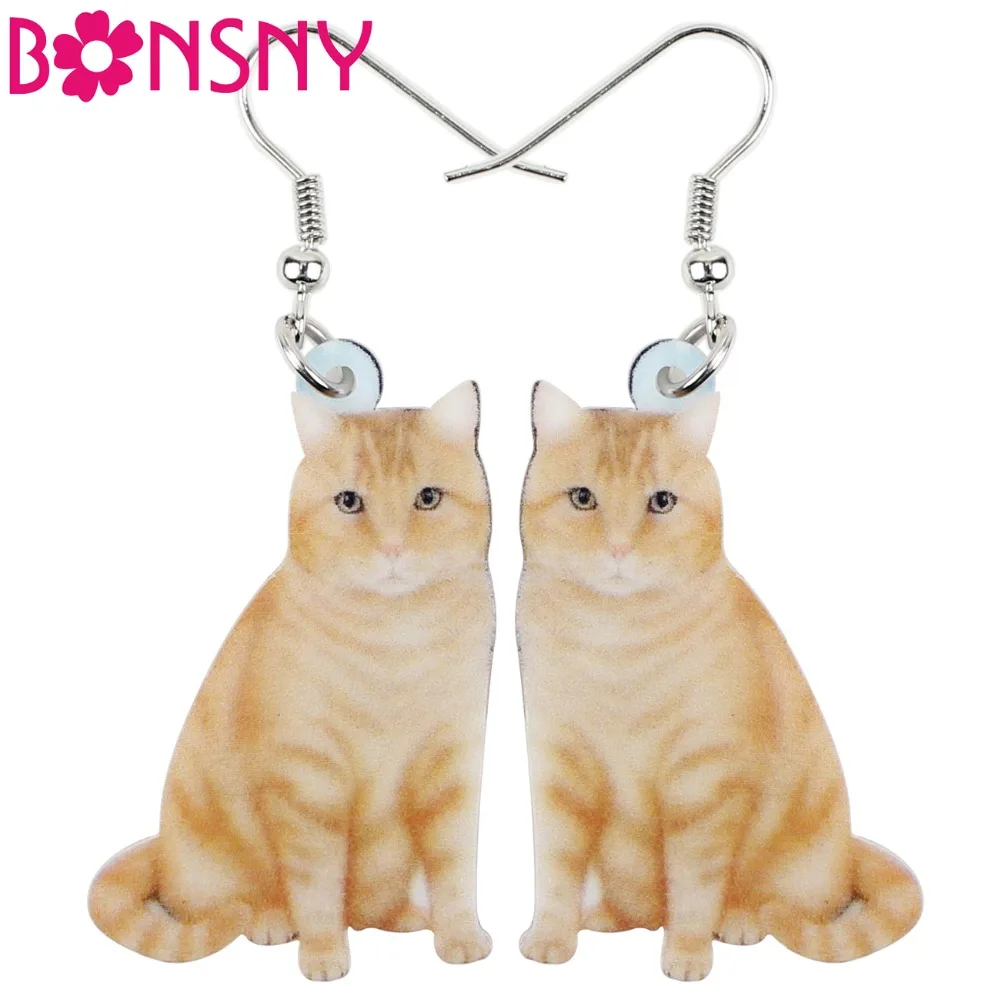 Акриловые серьги подвески Bonsny в виде оранжевого кота котенка большие длинные