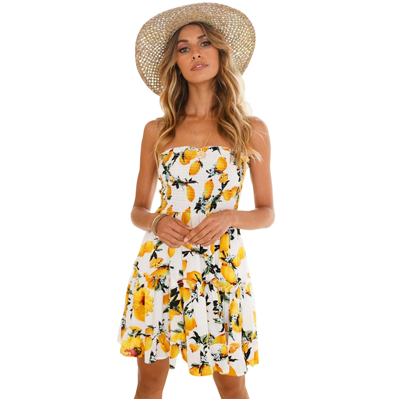 Manoswe/пляжное платье без бретелек с цветочным принтом туника Boho Vestido Летние желтые