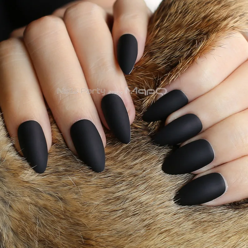 Black-OPP-bag Новые серебристые матовые металлические шпильки для ногтей красные средние классные накладные ногти синие хромированные Черные накладные ногти вампир 24 шт бордовый - Цвет: Black-OPP-bag