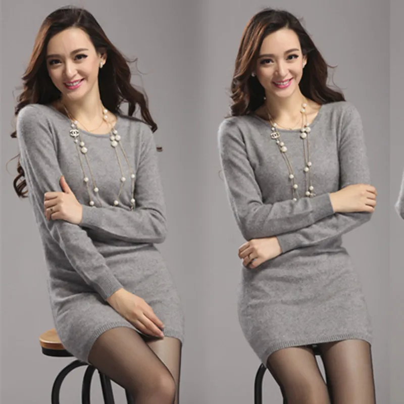 2019 Winter High quality women dress knitted sweater o-neck casual warm Mini Dress 100% mink cashmere pullovers | Женская одежда