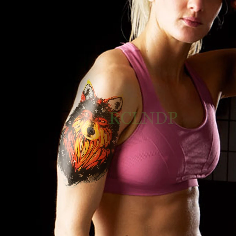 Водостойкая Временная тату наклейка волк воловья голова огонь поддельные флэш
