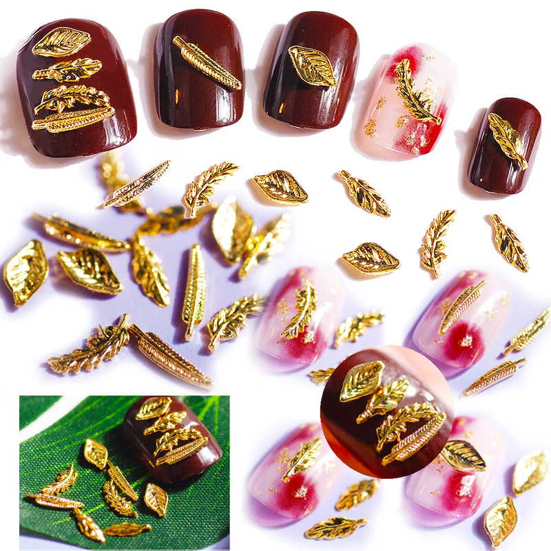 

LEAMX 10 PCS/bag Gold Leaf Nails Art Decoration 3D Nail Charms Alloy Jewelry For Manicure Leaf Accessories Nail Stickers L391