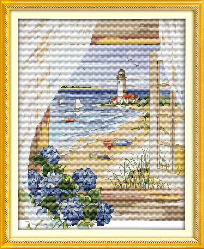 

Sea View Outside the Window Counted 11CT Printed 14CT Cross Stitch Set DIY Chinese Cotton Cross-stitch Kit Embroidery Needlework