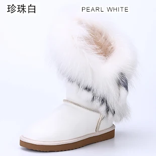 Pearl White INOE зимняя обувь из овечьей кожи меховая подкладка из натуральной овчины с опушкой из лисьего и кроличьего меха модная женская зимняя обувь зимние сапоги Водонепроницаемые теплые сапоги на плоской нескользящей подошве - Цвет: Pearl White