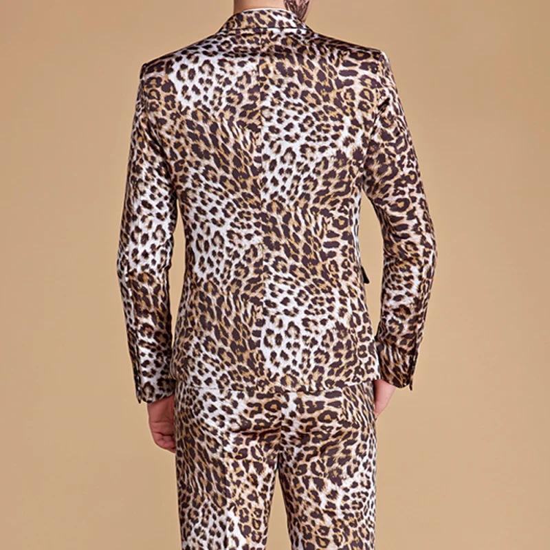 (Куртка + брюки) мужской костюм с леопардовым принтом повседневный облегающий на
