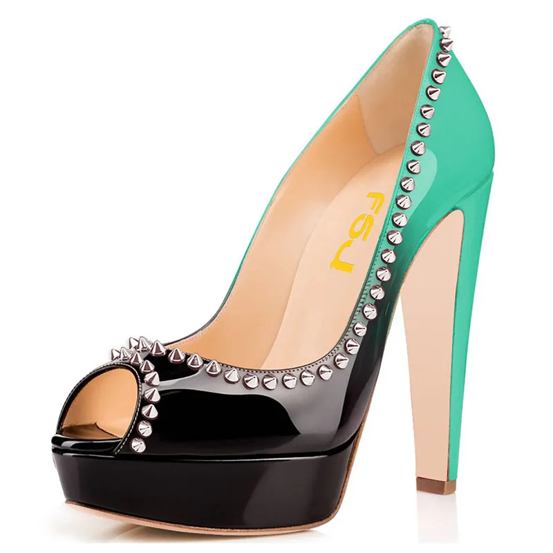 FSJ Women Fashion Yellow Black Gradient Shoes Peep Toe Platform Pumps High Heels Slip On Rivets Studded Dress Size 4-16 US | Обувь