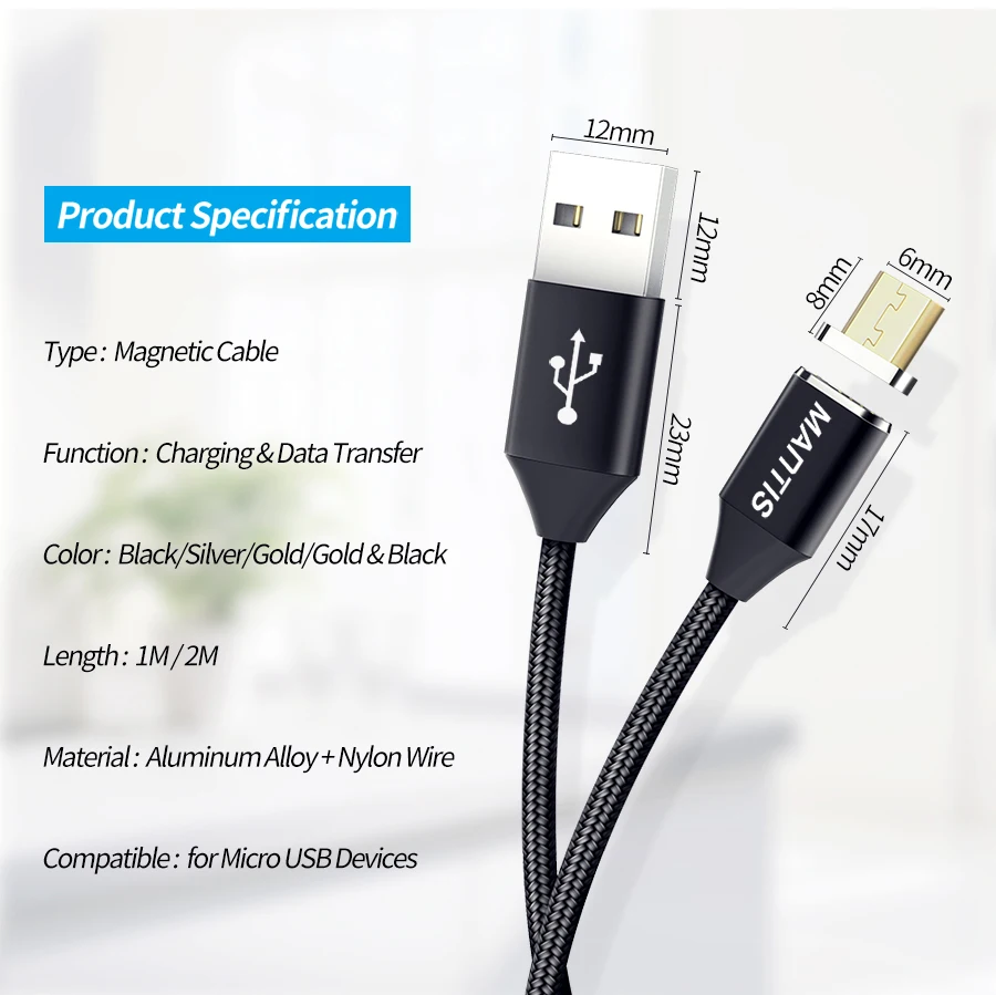 Магнитный Micro USB кабель MANTIS, зарядное устройство, светодиодный, 2 А, магнит, 1 м, 2 м, USB, Android, кабель для передачи данных, для Xiaomi, кабели для мобильных телефонов