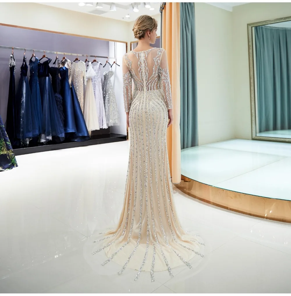 Erosebridal Русалка с длинным рукавом вечернее платье длинное сверкающие бусины с блестками официальная Женская одежда с коротким шлейфом серый цвет шампанского