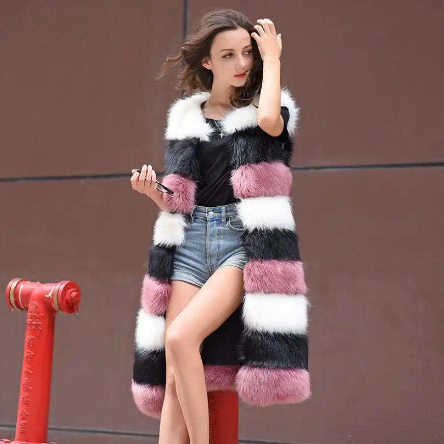 Winter Women's Faux Fur Coat Vest Long Overcoat Female Multi Color Soft Fox Fur waistcoat Thicker Warm Jacket Outerwear L1564