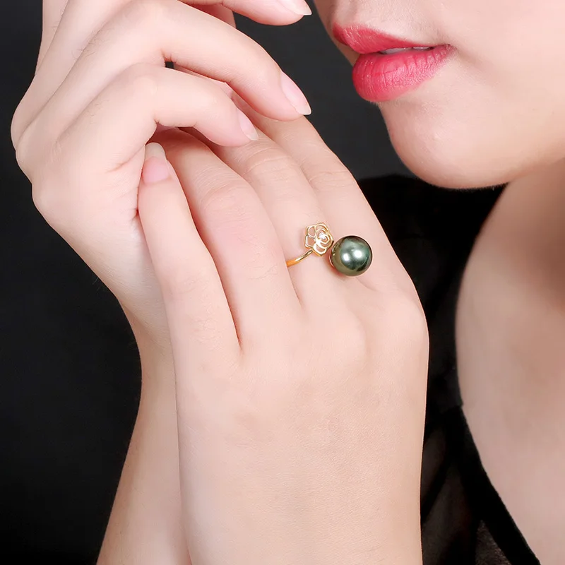 Кольцо с натуральным черным таитянским культивированным жемчугом 10-11 мм