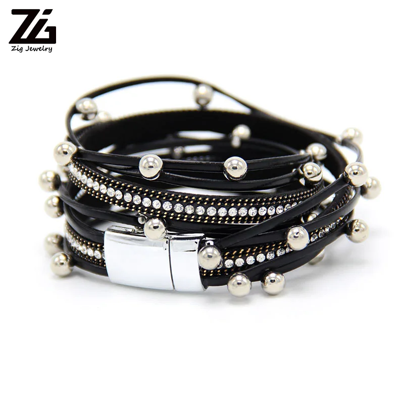 ZG Multilayer Leather Bracelets for Women Femme Crystal Metal Beads Charm Bohemian Style Bracelet Female Jewelry - Окраска металла: black