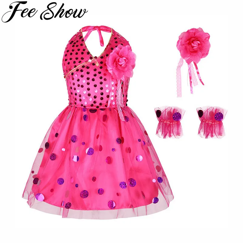 Set of 4 Kids Girls Sleeveless Halter Sequins Tulle Dress with Flower Brooch and Bracelet Outfits SZ 3-12Years | Детская одежда и