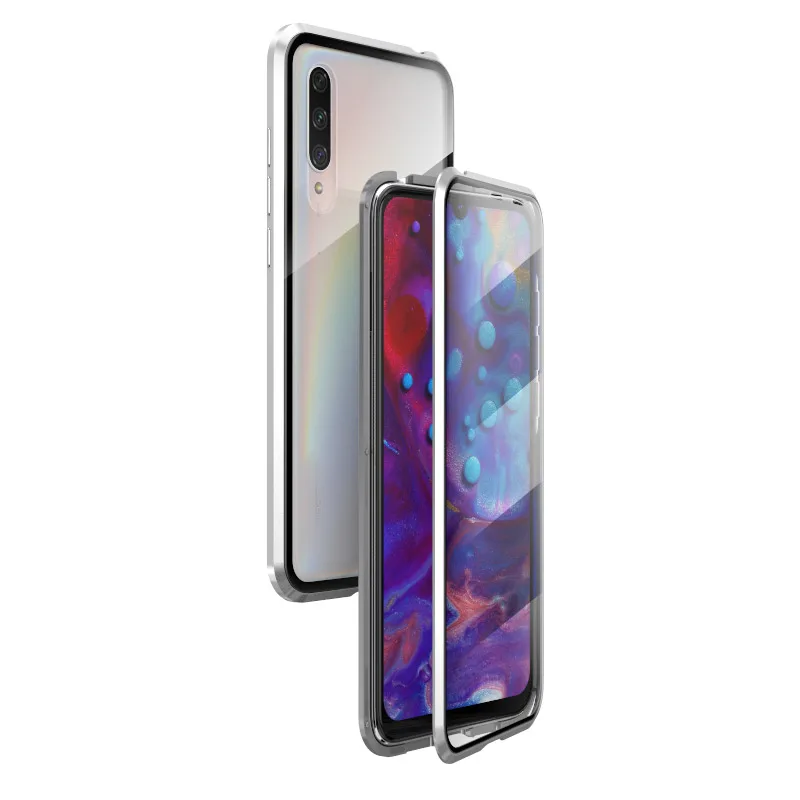 Передняя Задняя стеклянная Магнитная крышка для Xiaomi A3 Lite чехол Прозрачный Роскошный Алюминиевый металлический магнит чехол 360 полная защита - Цвет: Серебристый