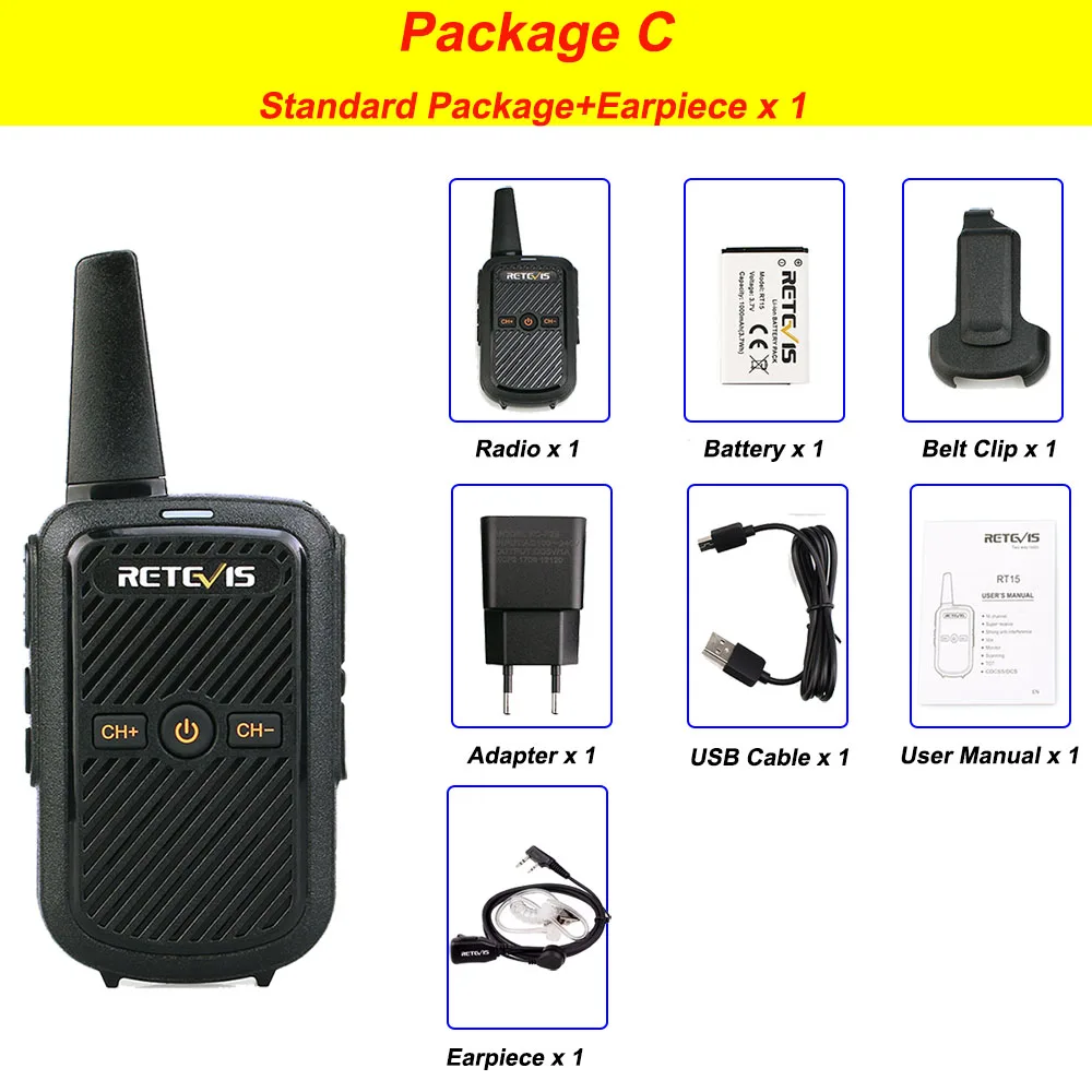 PackageC-earpiece Retevis RT15 Мини Портативная рация 2 Вт UHF 400-470 МГц 16CH CTCSS/DCS TOT VOX сканирование двухстороннее радио коммуникатор - Цвет: PackageC-earpiece