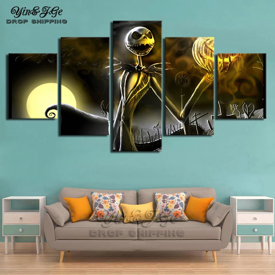 Home Decor Wall Canvas Painting 5 Pieces Nightmare Before Christmas Poster HD Prints For Kids Room Modular Picture Frame Artwork | Дом и сад
