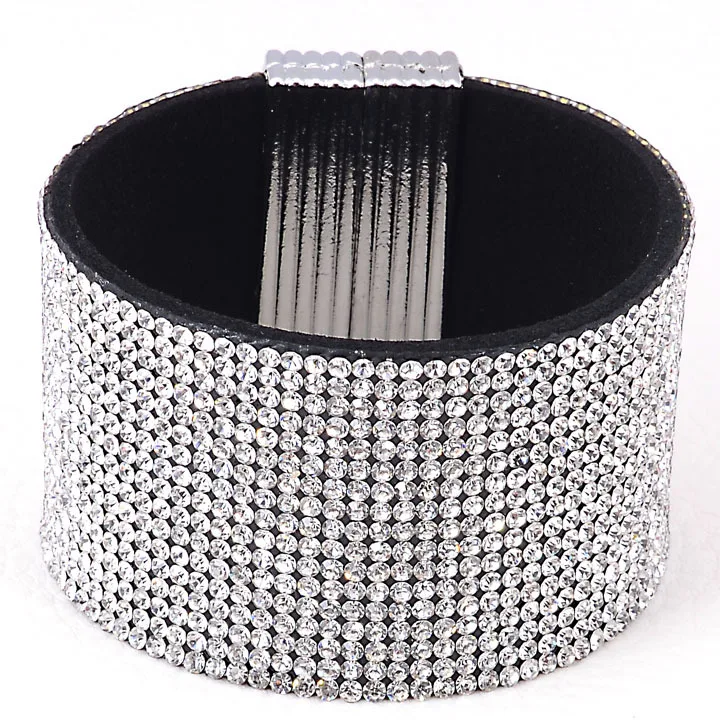 Магнитный браслет с кристаллами блестящий кожаный B1489|magnetic leather bracelet|leather braceletbling