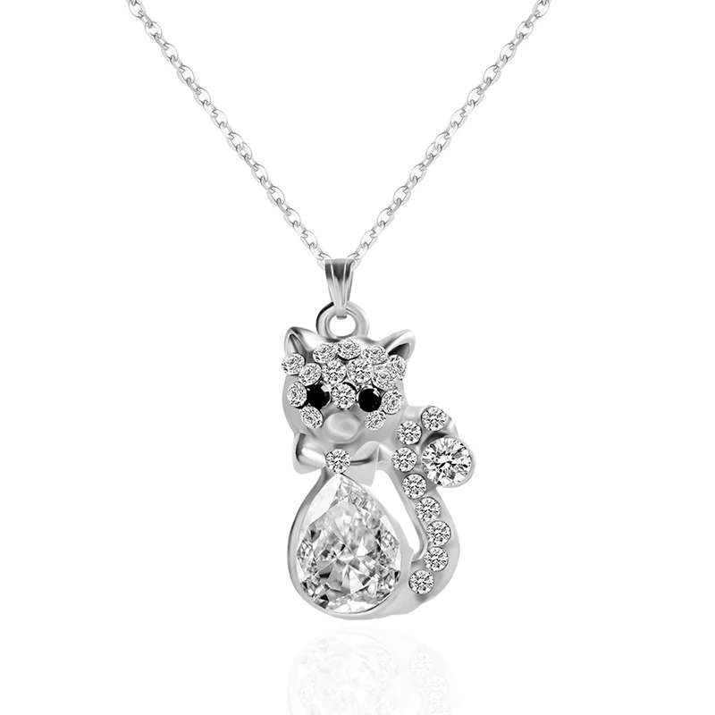 Фото Женское колье с подвеской в виде кота серебряное ожерелье кристаллами