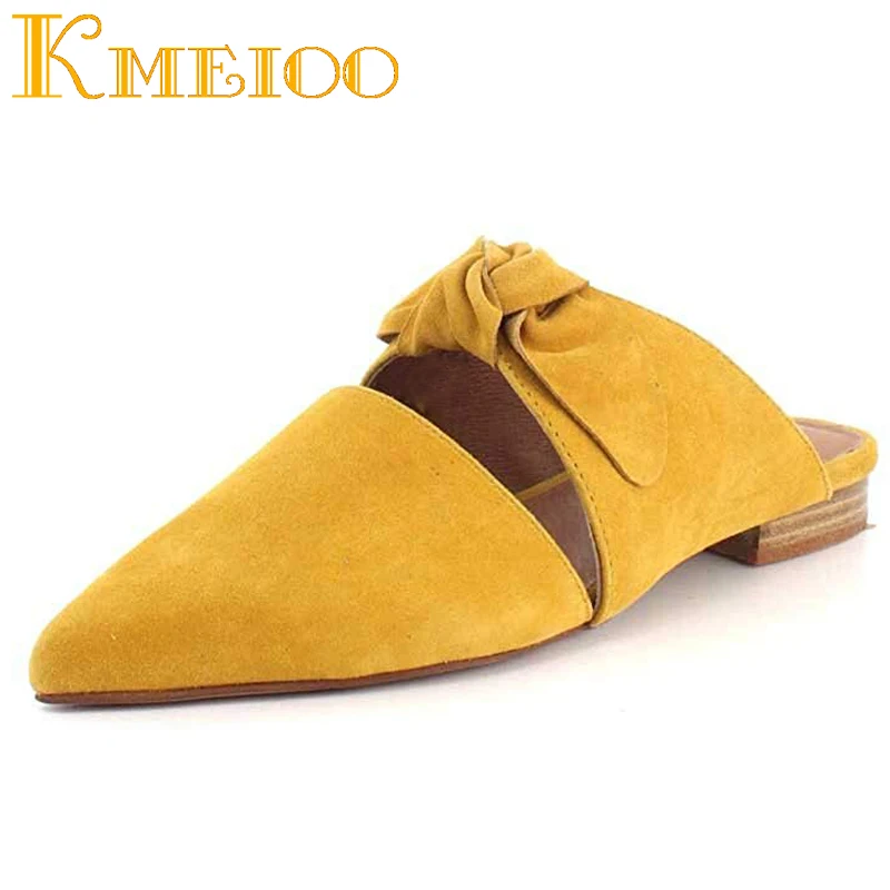 Женские замшевые туфли без застежки Kmeioo синие задника с бантом заостренным