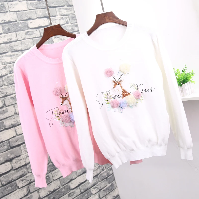 Женский комплект из двух предметов свитер с цветами и джинсы эластичный брючный