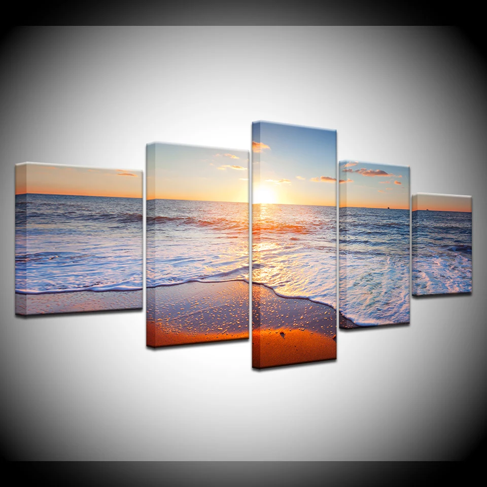 

HD Printed Canvas Poster Framework Wall Art 5 Pieces Beach Waves Sunset Seaview Home Decor Living Room Painting Modular Pictures