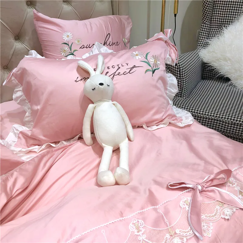 Little Daisy embroidery Bedding Sets girls Beddingset egyptian cotton Bed Linen Duvet Cover Bed Sheet Pillowcase/bed Sets 4/7pcs