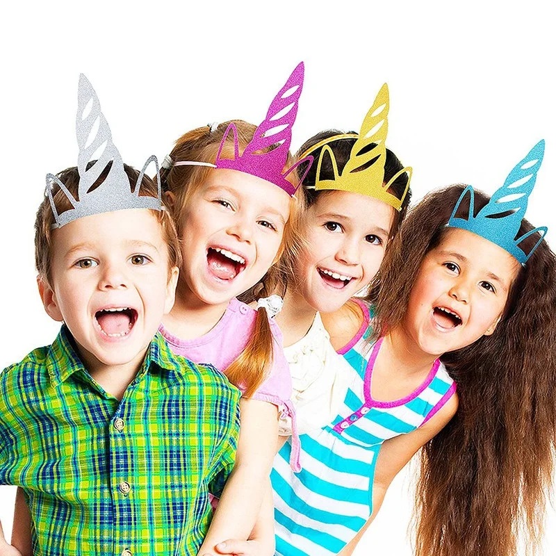 12pcs/set Unicorn Party Horn Hats Glitter Gold Headband Supplies as Props for Kids Birthday Baby Shower |