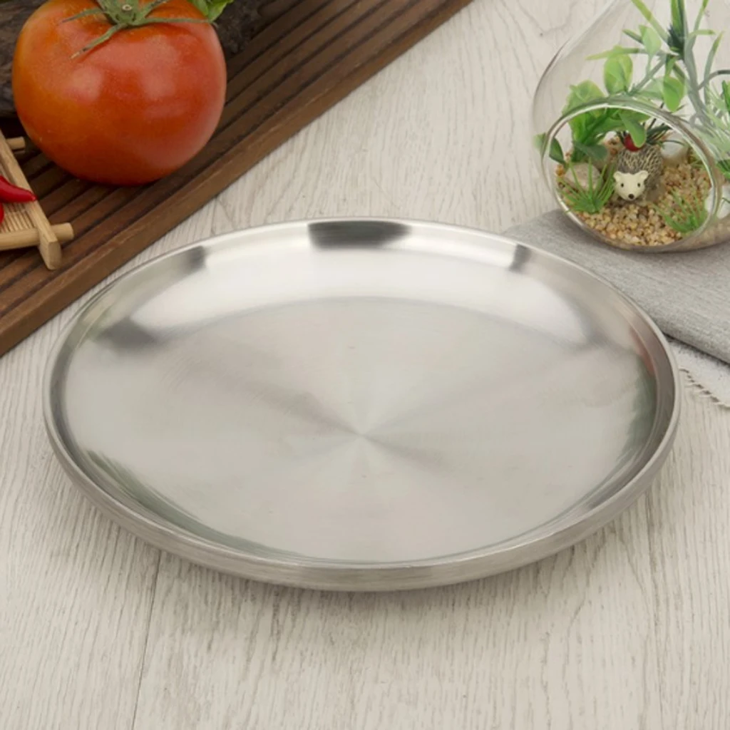 Stainless Steel Flat Dish plate Double Insulated Thick Platter for BBQ No Corners Durable Drop-Resistant | Дом и сад