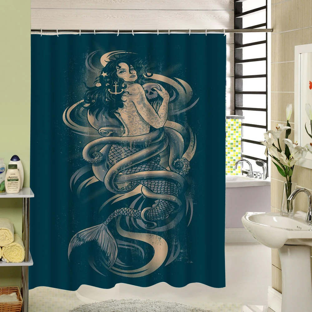 The Beautifu Mermaid With Green Hair Is Enjoying Flower In River Custom Curtain For Bathroom Waterproof Shower | Дом и сад