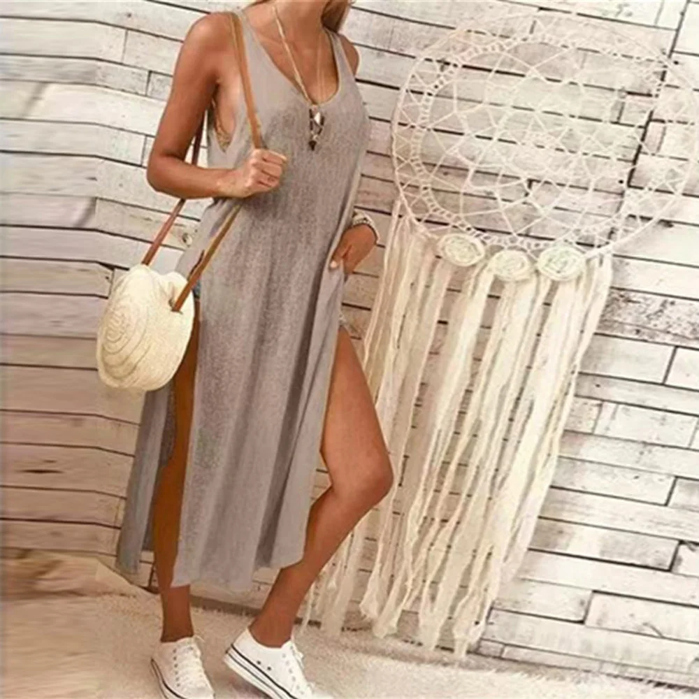 Летние выходные пляж дамы сексуальный Сплошной Цвет Ретро Круглый вырез без