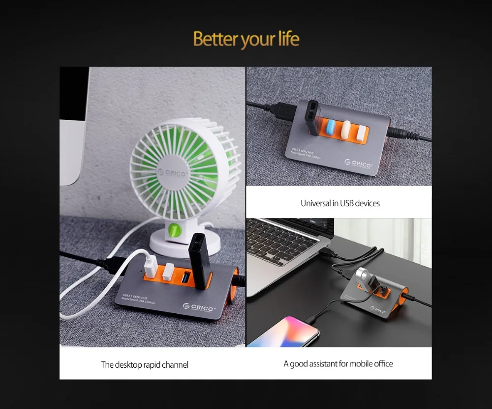 ORICO Алюминий 4 порта USB3.1 концентратор 10 Гбит/с супер скорость передачи USB разветвитель с 12 В адаптер питания для компьютера аксессуары