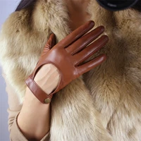 touchscreen genuine leather woman gloves pure sheepskin locomotive exposing the back of the hand short style nylon lined tb94 2