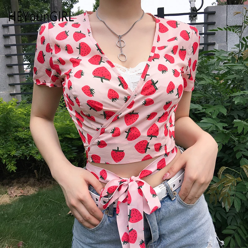 HEYounGIRL, Корейская Сексуальная футболка с v-образным вырезом, Женская милая футболка с короткими рукавами, Женский Галстук, повседневная женская футболка
