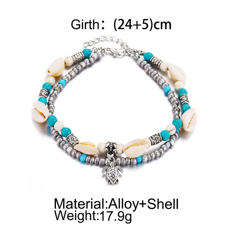 

New Bohemian Turtle Pendant Double Anklets Silver Color Beads Ocean Shell Anklet For Women