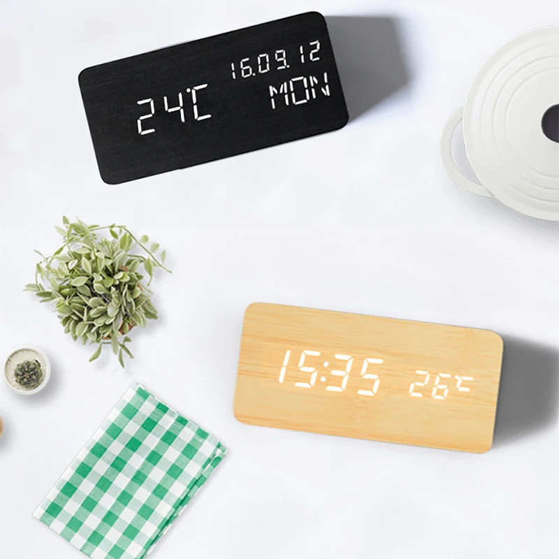 Ganxin Sounds Control Wooden Alarm Desk Clock Modern Electronic Multifunction Wood Digital LED Table Дом и сад