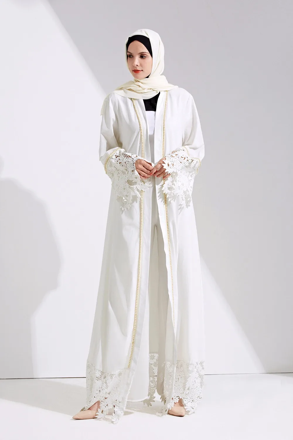 Кружевное мусульманское Макси Платье кардиган с вышивкой Abaya джилбаб жемчужный