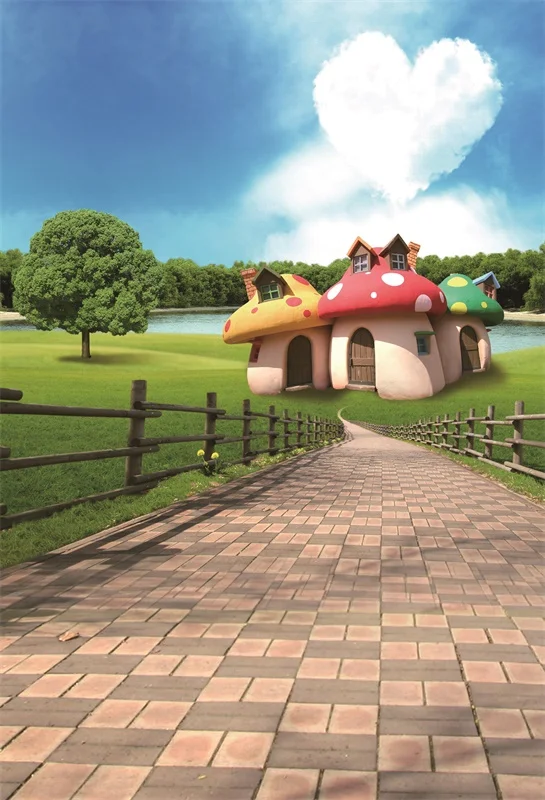 Laeacco замок и грибы деревянный забор зеленая трава голубое небо Детские