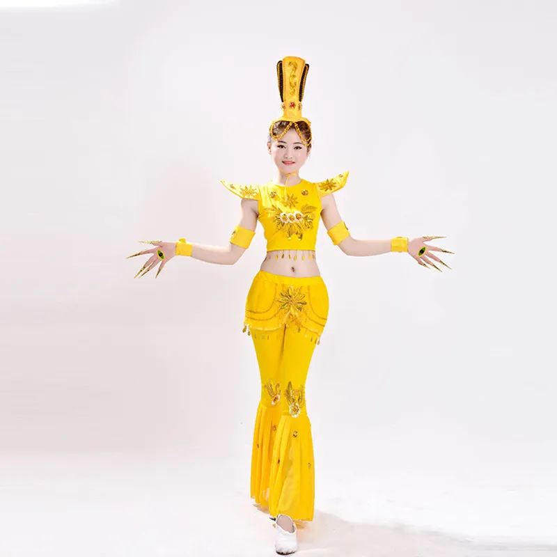 Желтый танцевальный костюм для детей и женщин, желтый танцевальный костюм «Тысяча рук», одежда для косплея Кван-инь, праздничный танцевальн...