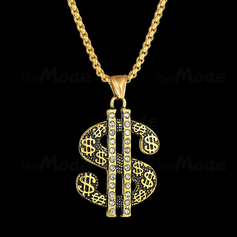ELSEMODE хип хоп золотой доллар знак $ Подвески Ожерелья Из Нержавеющей Стали CZ