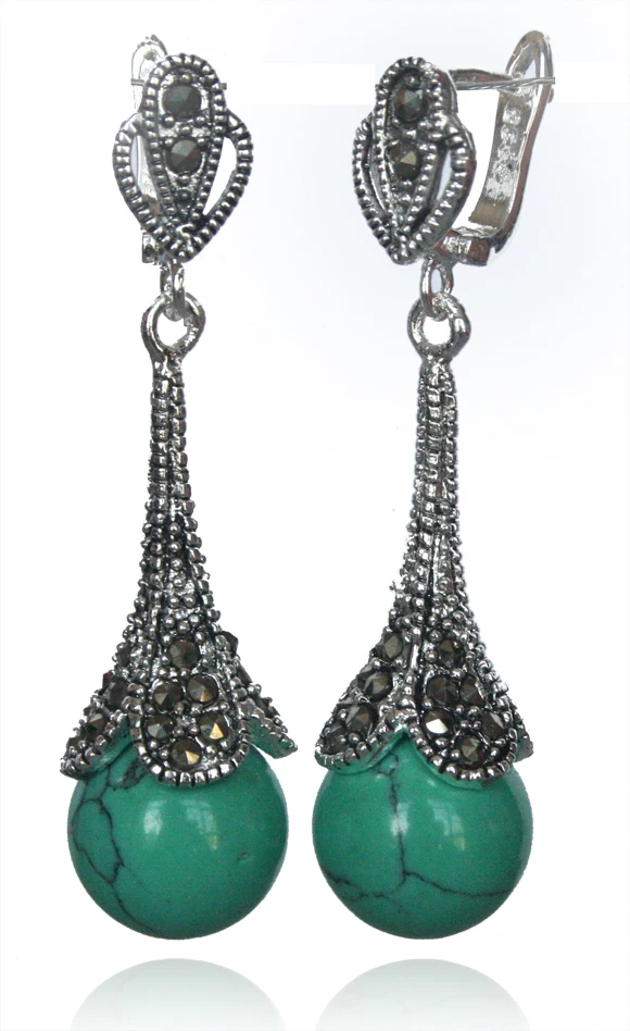 Серьги-маркаситы из серебра 925 пробы с натуральным зеленым нефритом 10