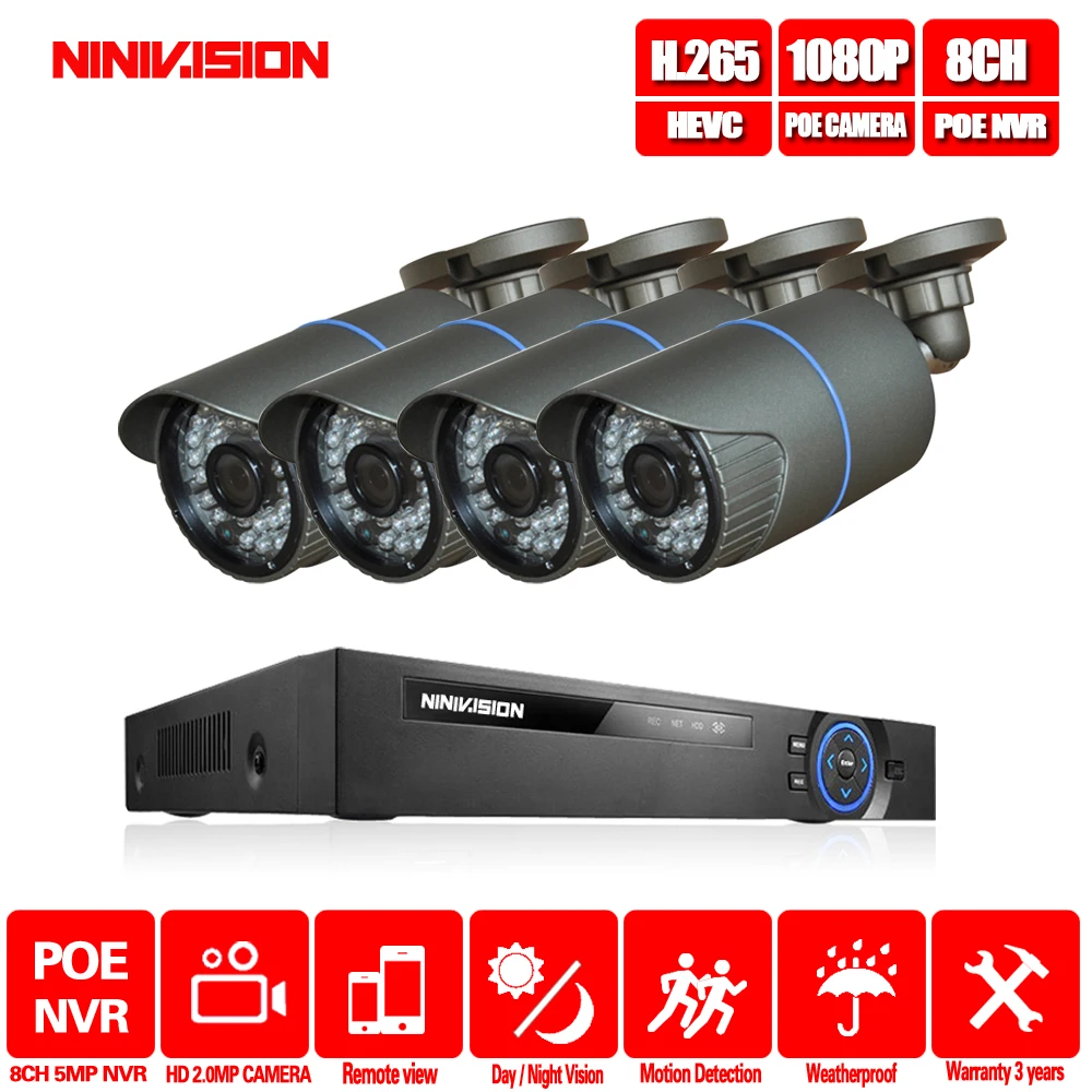Система видеонаблюдения NINIVISION 1080P HD 8 каналов POE NVR 2 Мп для помещений и улицы 4 IP