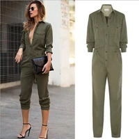hot sale fashion autumn casual button overall pencil pants playsuits v neck turn down collar lady romper long sleeve jumpsuits