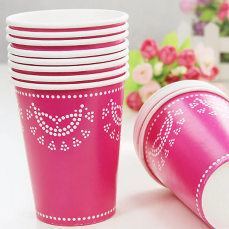 hot pink cups 12 шт., бумажные тарелки с кружевными Пастельными цветами, розовые, синие, фиолетовые бумажные тарелки, чашки, полотенца для свадьбы, дня рождения, вечеринки, принадлежности для детского душа - Цвет: hot pink cups