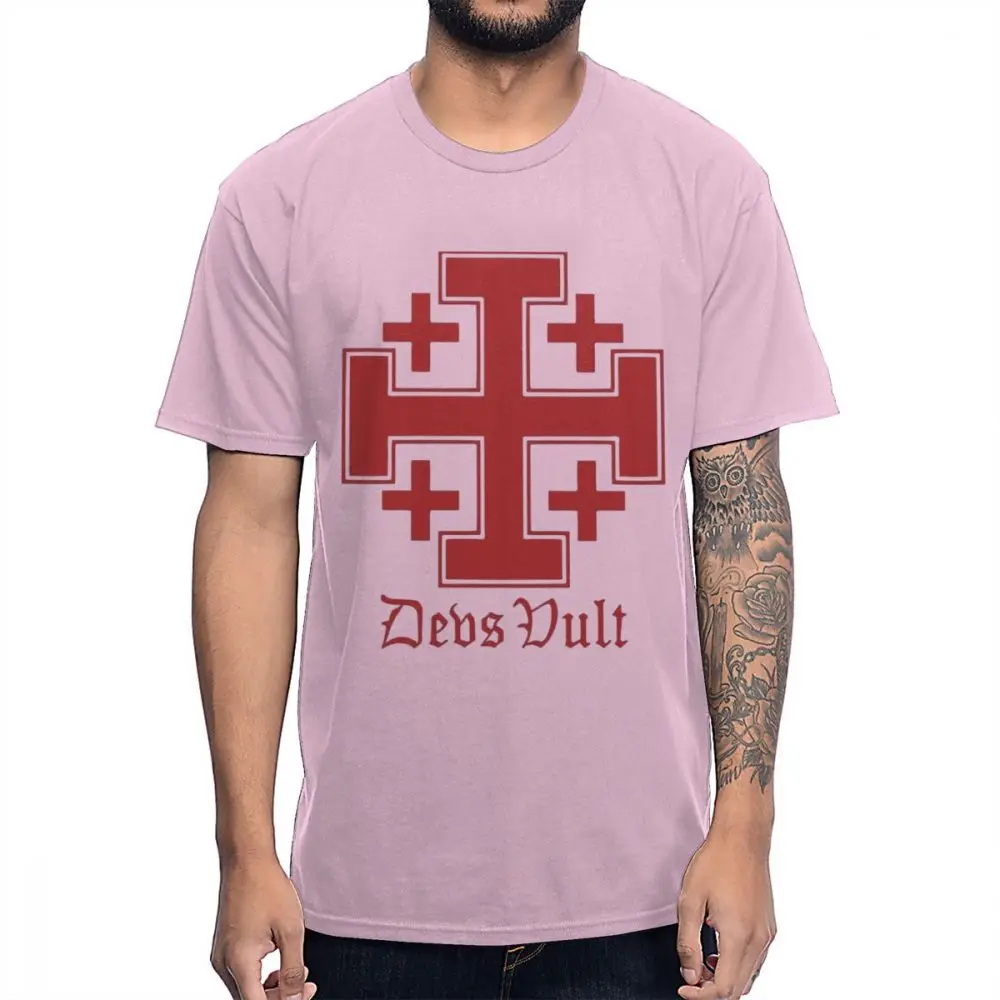 Розовый Винтажная Футболка Deus Vult Cross Crusades, Мужская Классическая футболка Knightfall Knights Тамплиер, Мужская футболка большого размера - Цвет: Розовый