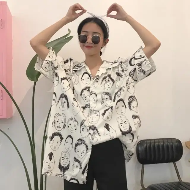 Модные Персонажи печати Свободная блузка повседневное однобортный Modis Blusa 2019
