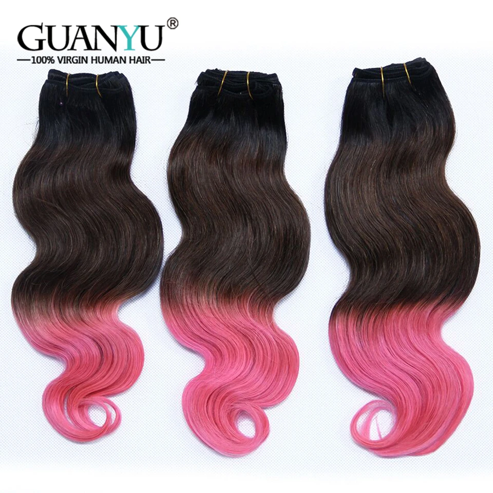 Guanyuhair 1B/4/4 розовый три тона Омбре 3 пучка с закрыванием 4*4 перуанские Remy