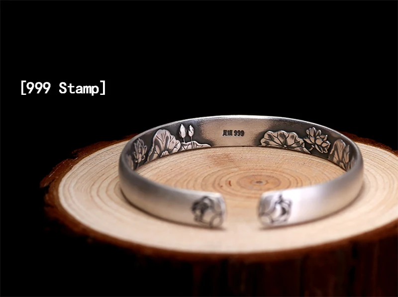 ZABRA Solid Pure 999 Sterling Silver 8mm Lotus Vintage Open Cuff Bracelet Women Guanyin Hand Trendy Rock Bangles Women Jewelry