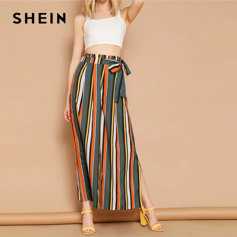 SHEIN Разноцветные Брюки В Полоску С Поясом И Разрезами Женские Богемные Летние Модные Широкие Брюки С Высокой Талией
