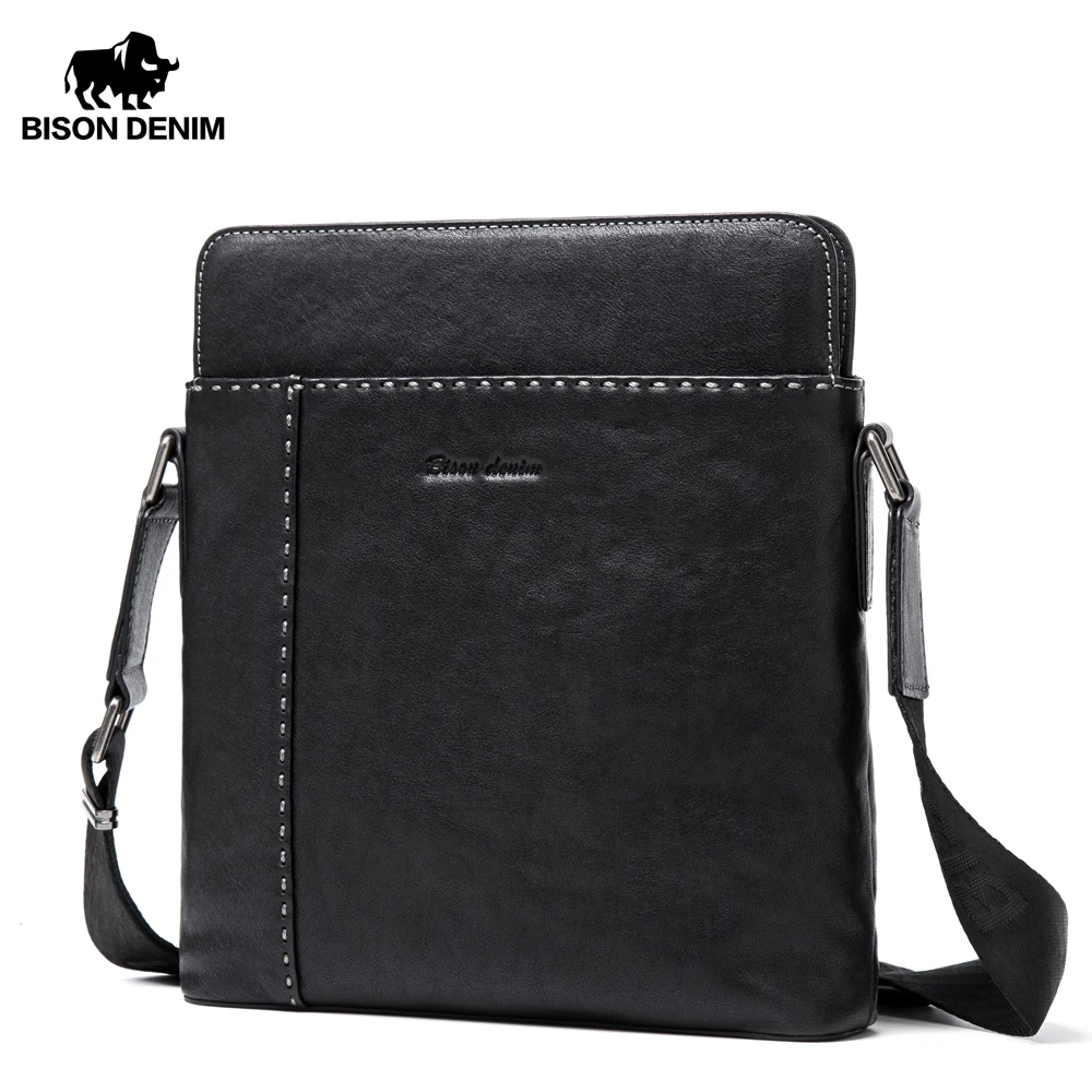 BISON DENIM натуральная кожа мужская сумка растительного дубления мессенджер модная
