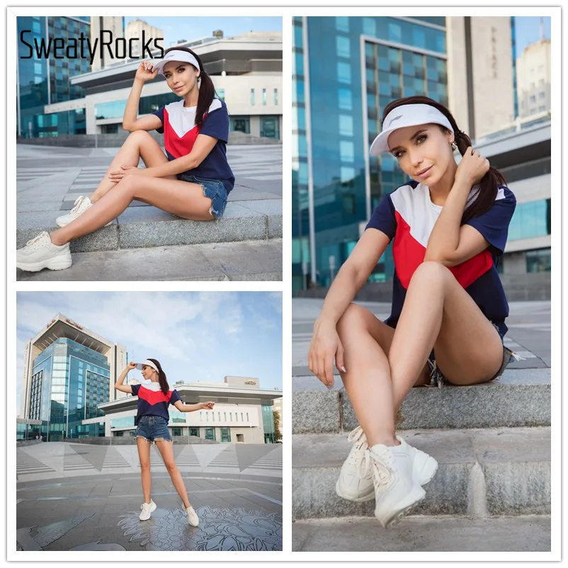 SweatyRocks Cut and Sew Tee многоцветный короткий рукав круглый вырез пэчворк повседневные топы женские летние Athleisure футболка с цветными деталями